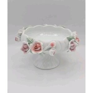 Vintage White‎ Porcelain Pedestal Candy Dish With Pink Roses Vase Trinket Dish